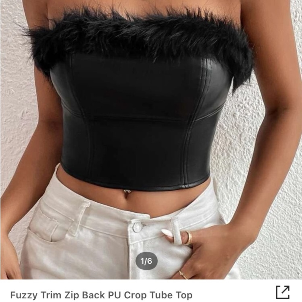 SHEIN Black Fuzzy Trim PU Tube Crop Top